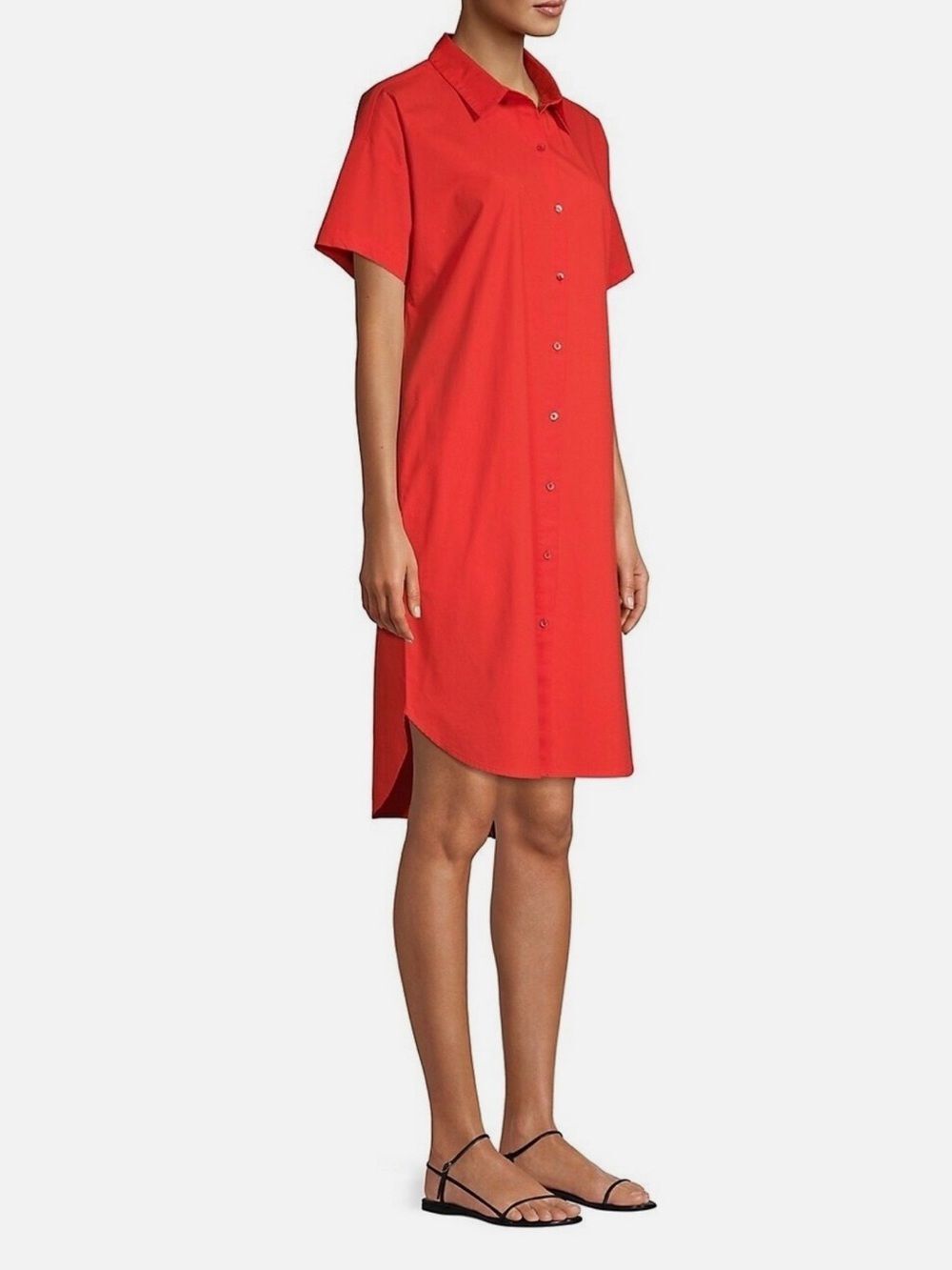 Eileen Fisher Tomato Red Midi Shirt Dress Sz M Organic Cotton Quiet Luxury Chic